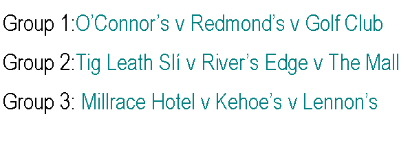 Text Box: Group 1:OConnors v Redmonds v Golf ClubGroup 2:Tig Leath Sl v Rivers Edge v The MallGroup 3: Millrace Hotel v Kehoes v Lennons